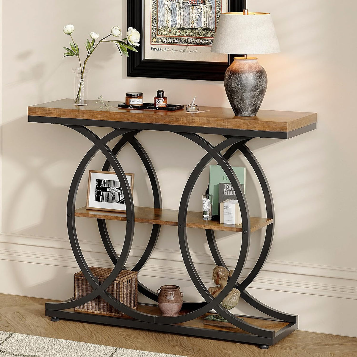 GiftGo Narrow Console Table for Entryway Industrial 3-Tier Sofa Table Behind Couch with Circle Base Wooden Accent Wall Tables with Storage Shelves for Living Room, Hallway, Foyer (Rustic Brown)