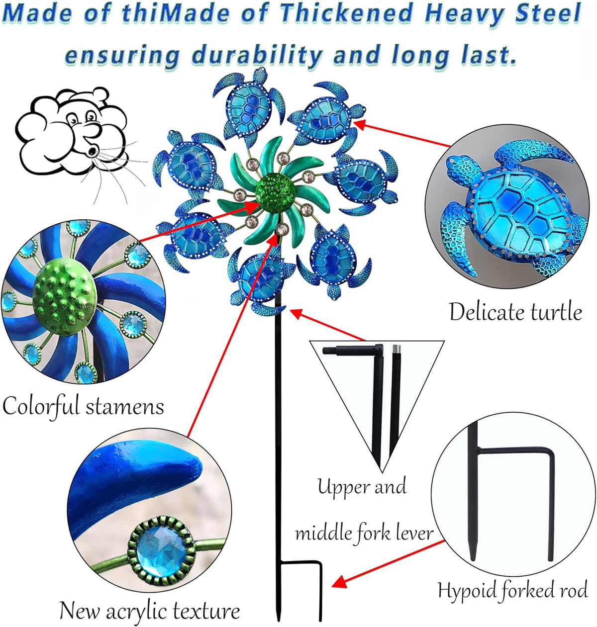 39" Sea Turtle Wind Spinners Metal Garden Stake-Outdoor Ocean Theme Wind Spinners - Metal Stake Yard Spinners-Wind Sculpture Yard Art Decorations for Patio,Lawn & Garden Decor-Blue