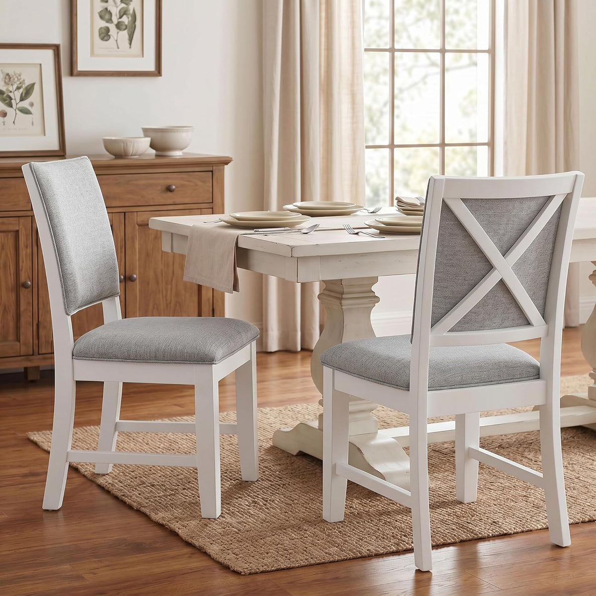 Farmhouse Dining Chairs Set of 2 Upholstered Kitchen Chairs with Cross Back Armless Wooden Side Chairs for Dining Room, Living Room, Reception (Grey Linen + White Frame)