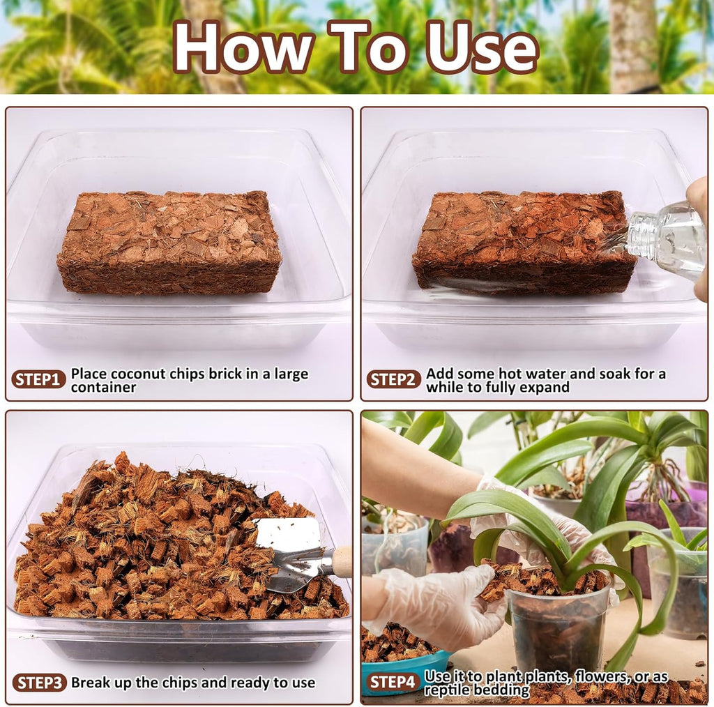 Legigo 4 Pack Coco Husk Chips- 4.4 LB 100% Organic Coconut Coir Chips Brick Potting Soil Mix with Low EC & PH Balance, Compressed Coconut Substrate Coco Chips Mulch Medium for Garden, Flowers, Plants