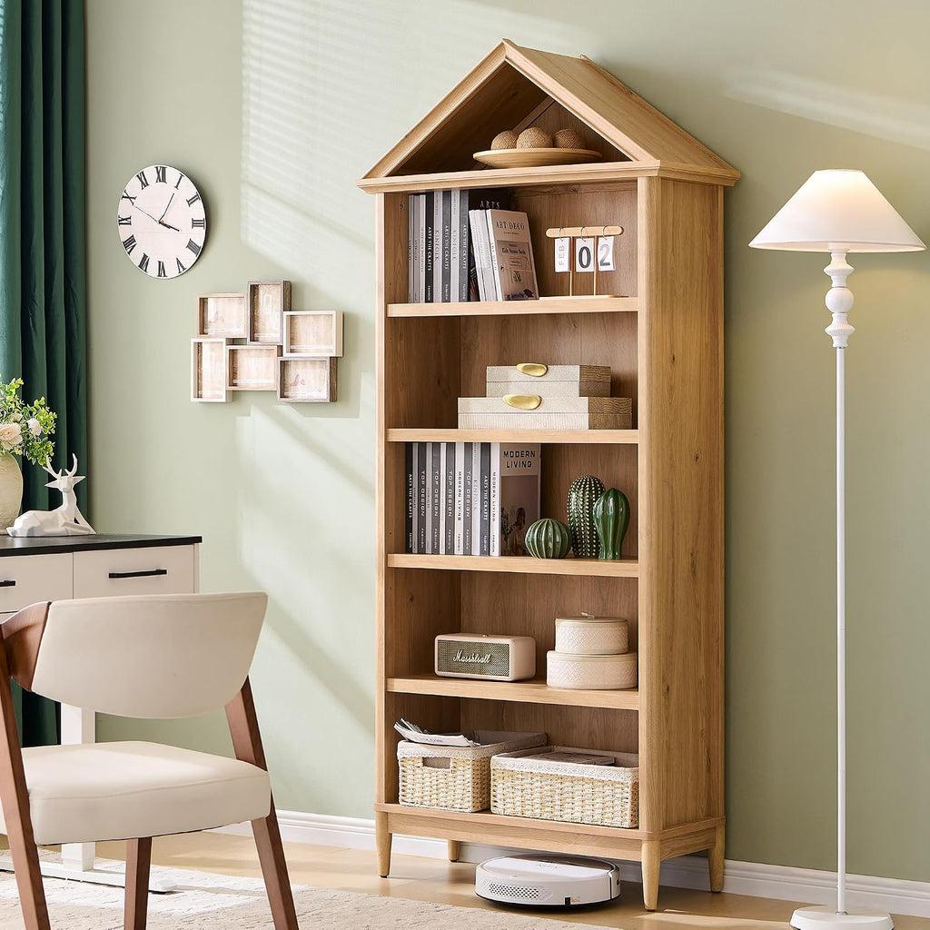 75.9" Tall Farmhouse Bookcase, Angle Arched 5 Tiers Large Bookshelf with Adjustable Shelves, Modern Wooden Geometric Book Shelf w/Storage and Open Display Shelves for Living Room, Office-Natural