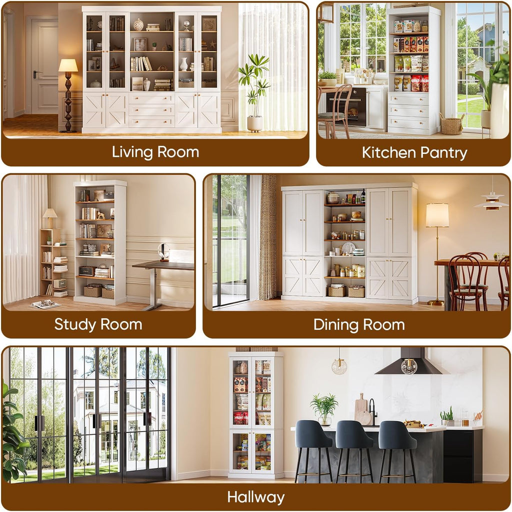 70.8" Tall Farmhouse Modular Kitchen Pantry Cabinet, Wooden Storage Hutch with Six-Tier Adjustable Shelves,White，3 pcs