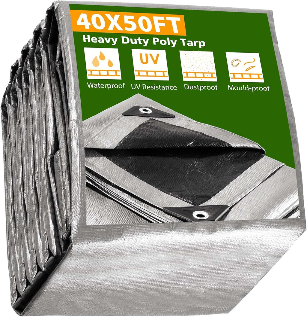 Yescom 40x50ft Heavy Duty Reinforced Poly Tarp Waterproof Tarpaulin 10-mil Ground Sheet Camping Tent Cover with Eyelets Reversible Silver Black Tarps