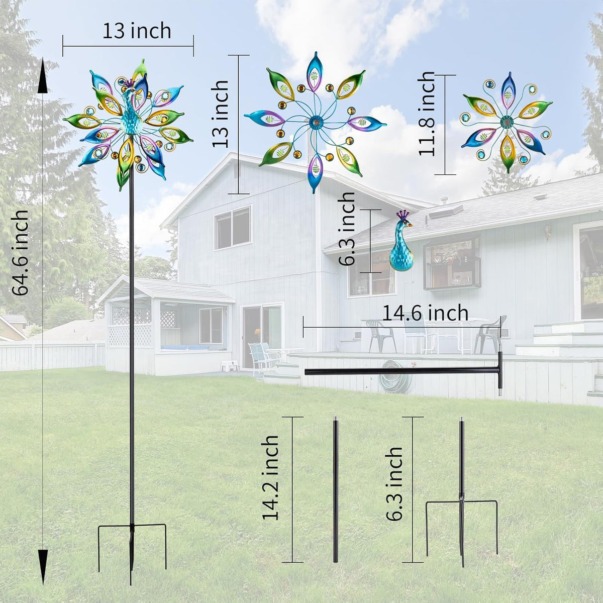 DREAMYSOUL Outdoor Peacock Wind Spinners with Gem Decor, 13" D*65" H Double Sided Kinetic Wind Sculptures & Spinners, Metal Wind Spinners for Yard and Garden