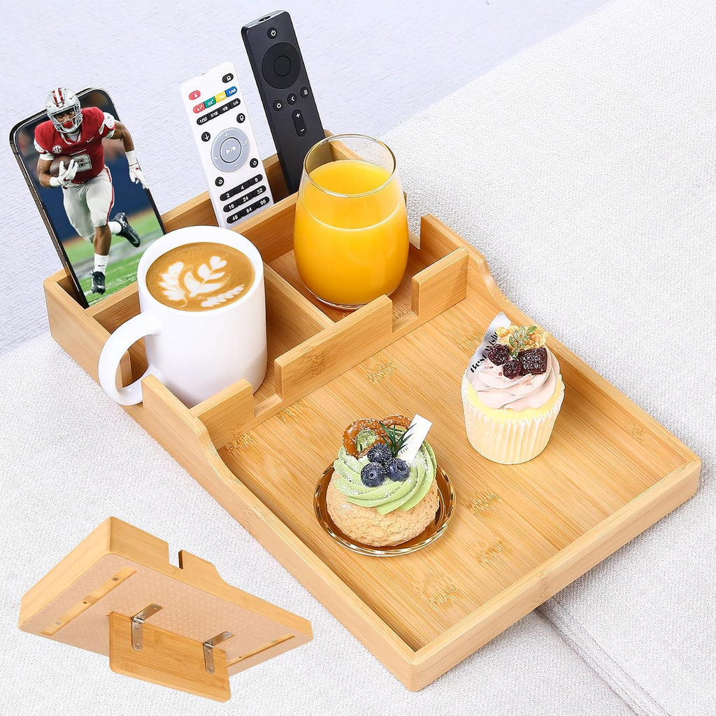 Couch Tray Insert for Middle Seat, Bamboo Couch Table with 2 Cup Holders, Fits Armless Sofa & Sectionals, Fold-Flat Tray for Drinks, Snacks & Remotes, Natural Bamboo