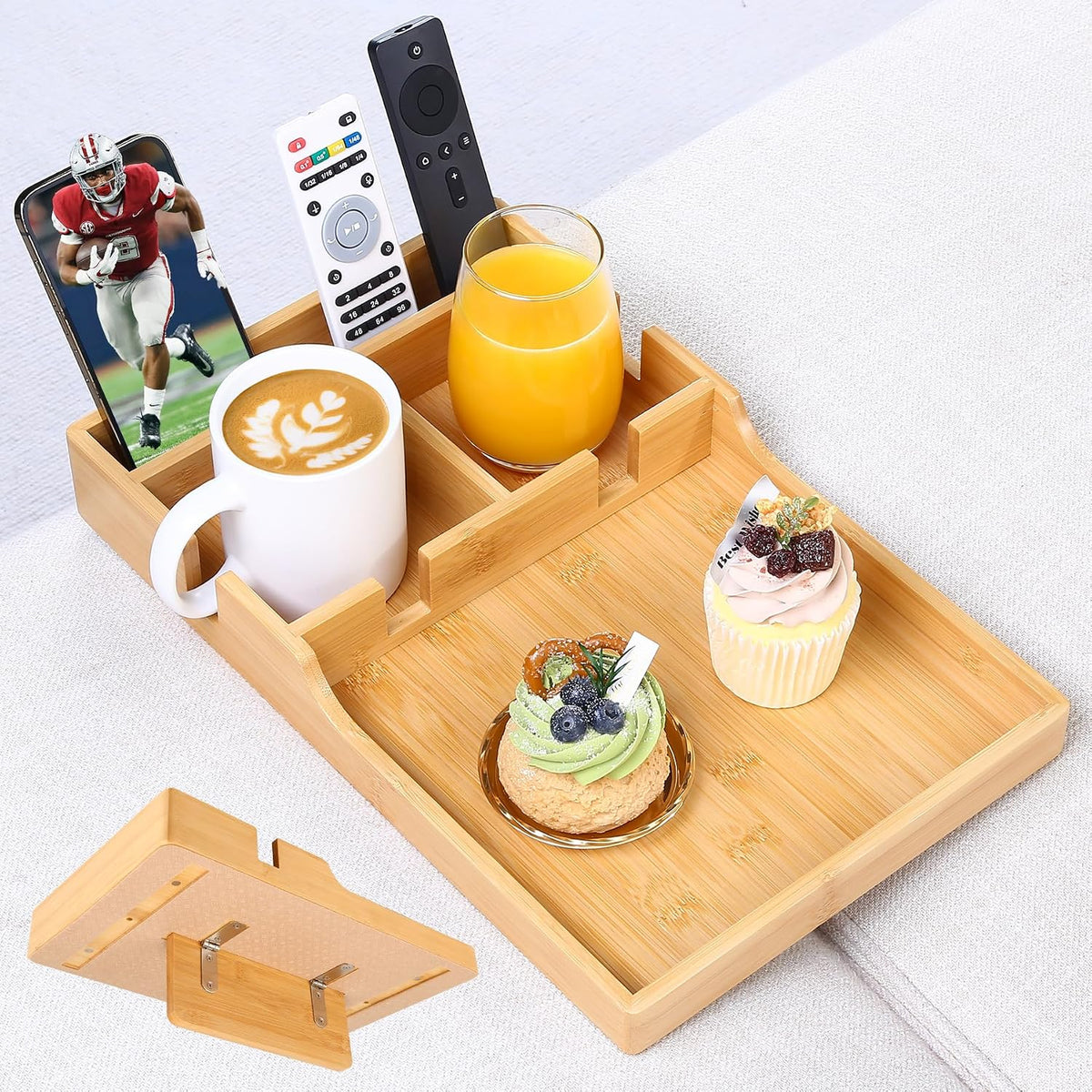 Couch Tray Insert for Middle Seat, Bamboo Couch Table with 2 Cup Holders, Fits Armless Sofa & Sectionals, Fold-Flat Tray for Drinks, Snacks & Remotes, Natural Bamboo