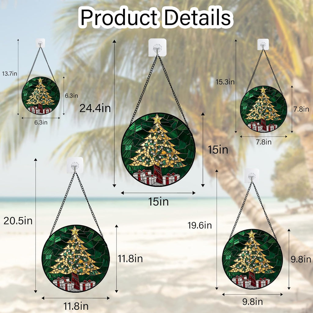 Stained Glass Window Hanging - Gold Green Christmas Tree Suncatcher for Doors Home Christmas Decoration Winter Sun Catcher Thanksgiving New Year Birthday Gifts for Women Men Mom Nana 7.8 in