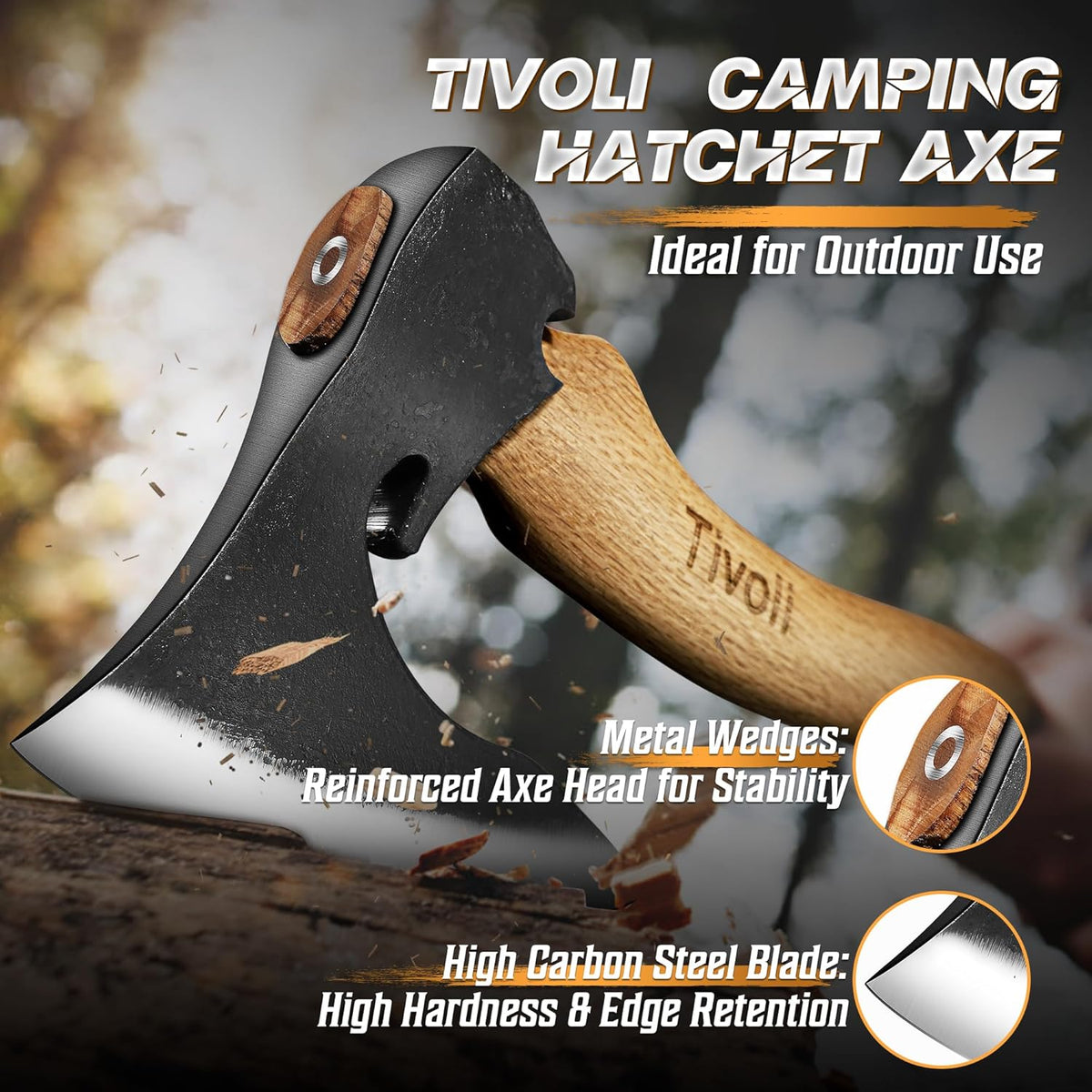 Tivoli Camping Hatchet Axe with Sheath – 16.5" High Carbon Steel Axe with Beech Wood Handle – Bushcraft Hatchet & Wood Splitting Axes for Gardening, Carving, Outdoor Adventures – Gift for Men