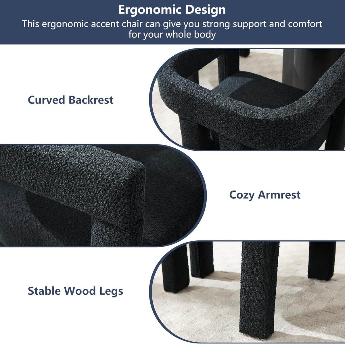 Modern Dining Chair Set of 2 / Living Room Chairs, Fabric Armchair, Upholstered Barrel Chair for Living Room Kitchen Reception (Black Teddy, Set of 6)
