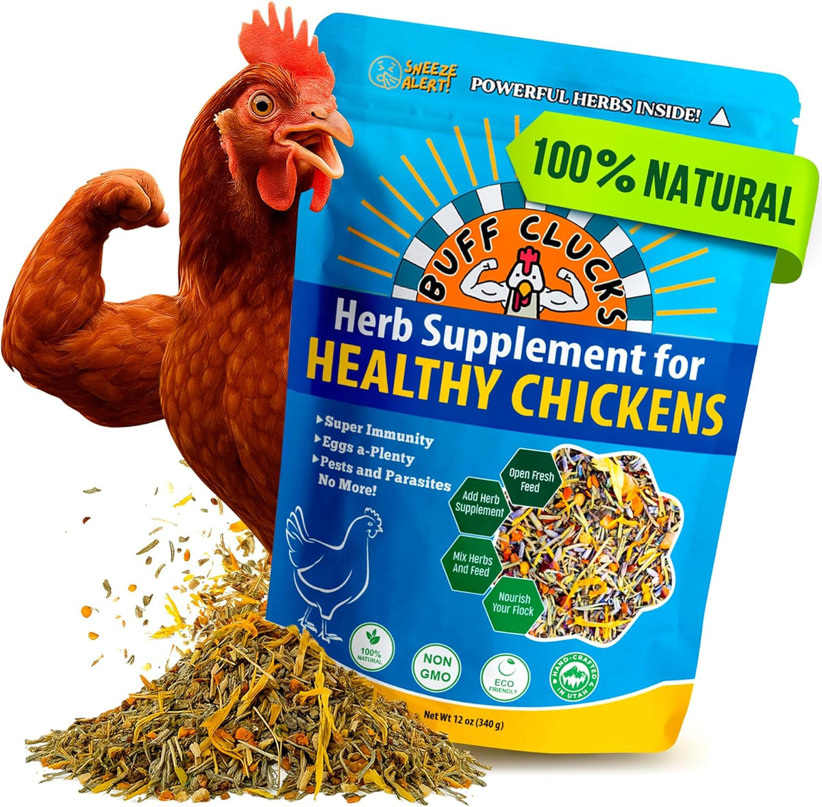Herb Supplement for Backyard Chickens - Natural Chicken Treats, Poultry Feed Botanical Mix, Plant-Based Coop Snacks for Daily Wellness, Feather Quality, Egg Production, USA (12 oz)