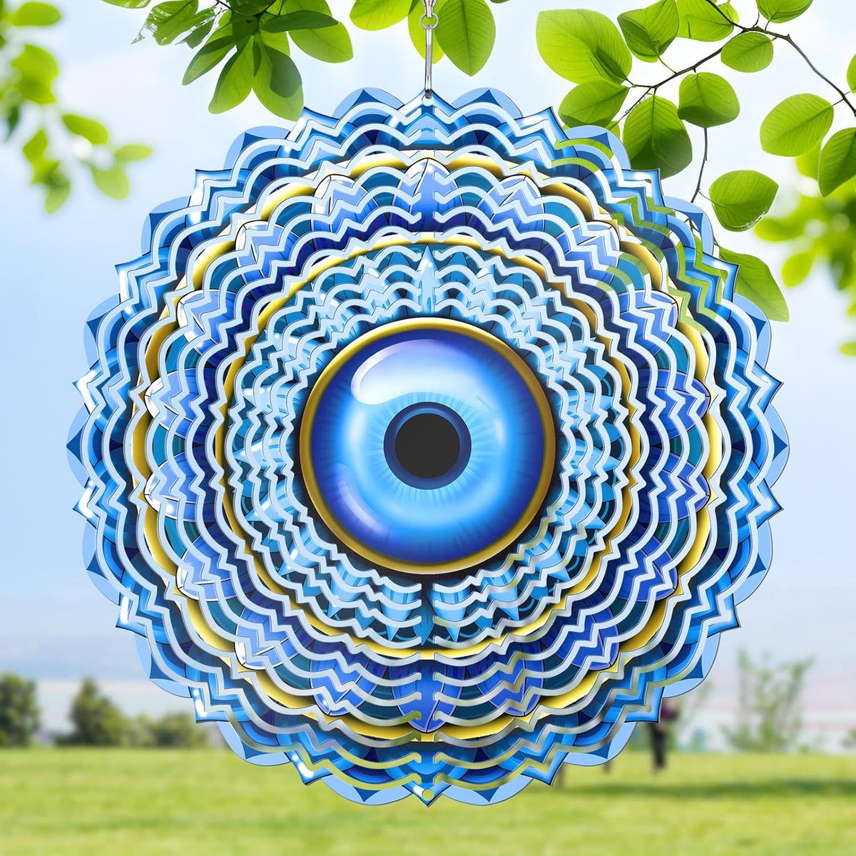 Blue Evil Eye Hanging Wind Spinners Outdoor Metal Evil Eye Decor Mandala 3D Stainless Steel Wind Spinner Protective Amulet for Home Outdoor Garden Yard Decoration (Layered)
