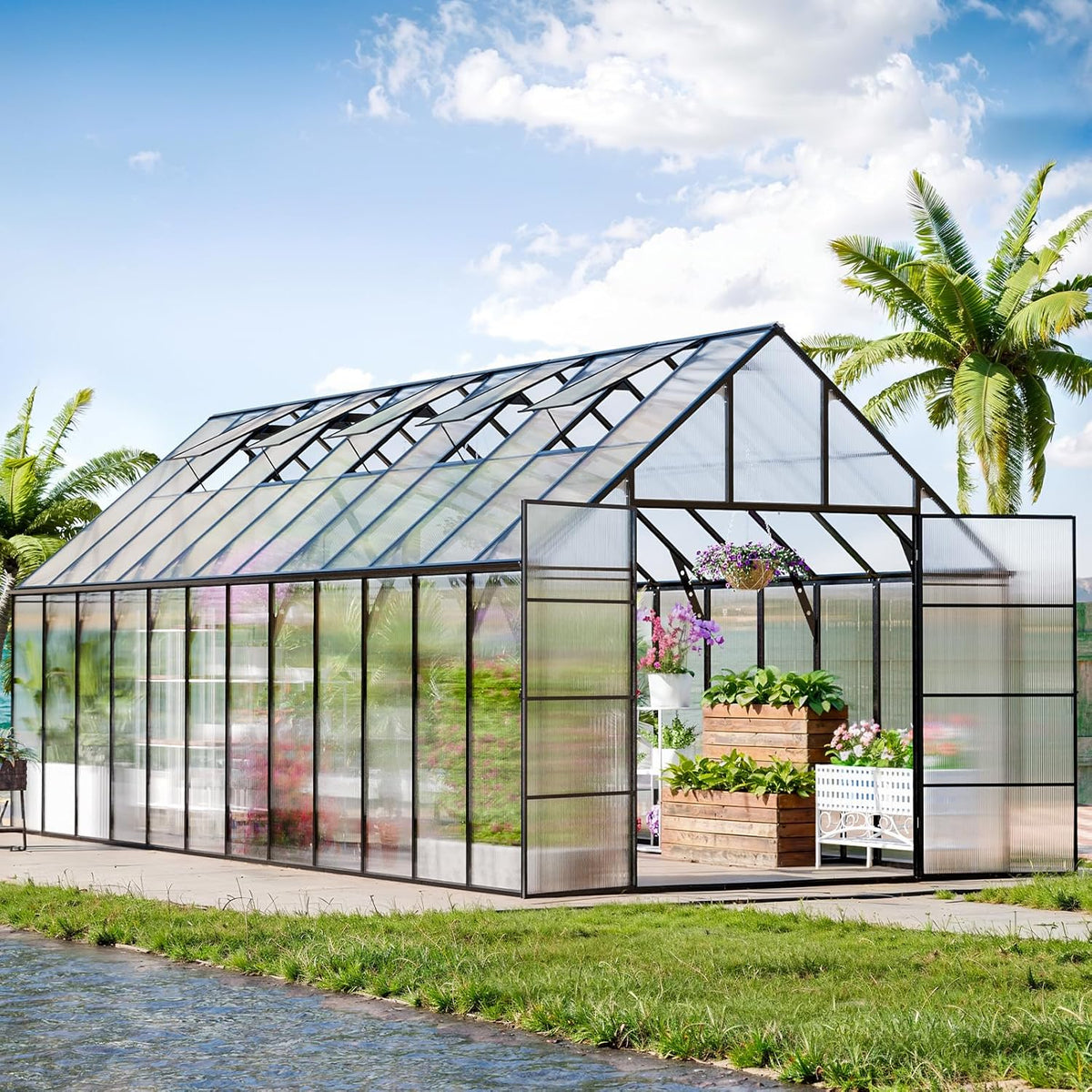CDCASA 24x10x10 FT Greenhouse for Outdoors, Large Thicker Aluminum Heavy Duty Polycarbonate Greenhouses Kit w/5 Vent Windows, Swing Door, Walk-in Green House for Sunroom Patio,Backyard