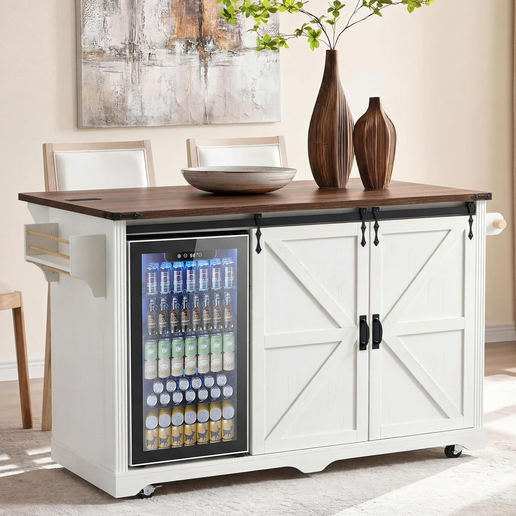 72" Rolling Kitchen Island with Mini Fridge Space & Power Outlet,White | Farmhouse Kitchen Cart Cabinet with Drop Leaf Table, 4 Drawers, Sliding Barn Doors & Wine Glass Holder