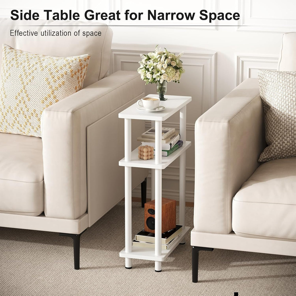 Apicizon Small Narrow Side Table, 3-Tier Skinny End Table with Storage Shelf, Slim Nightstand Bedside Table for Small Spaces, Living Room, Bderoom, White