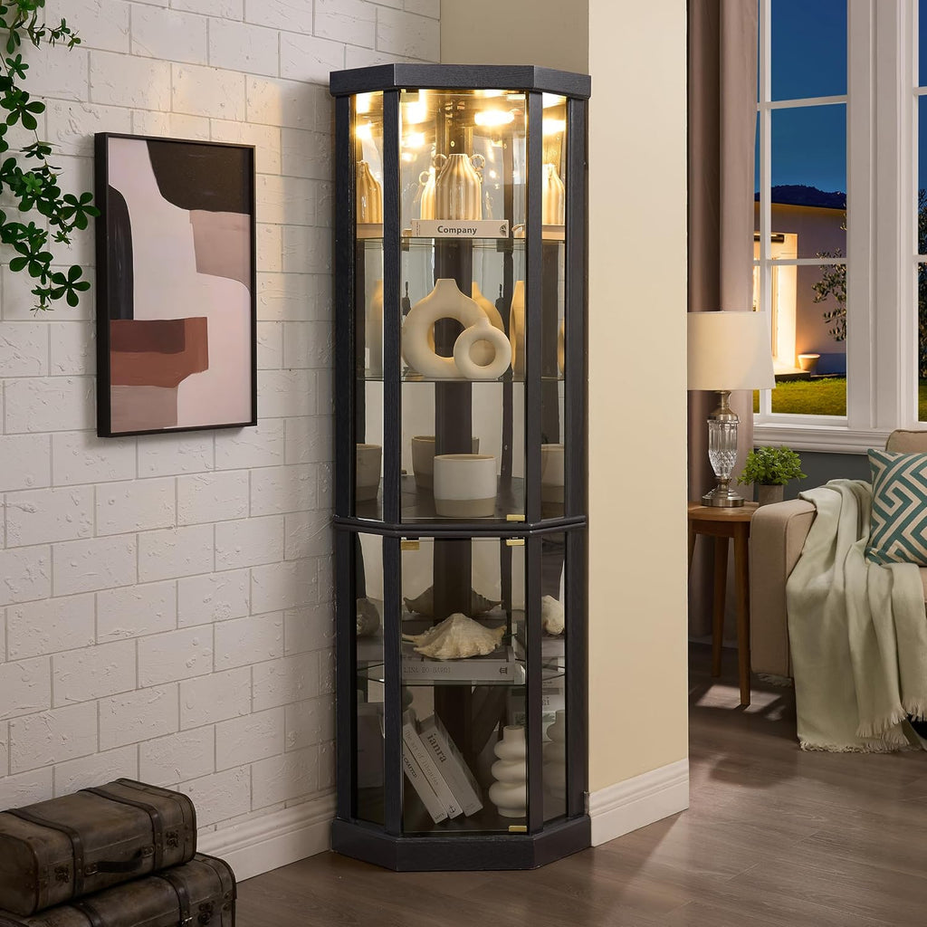 Lighted Corner Curio Cabinet - Elegant Glass Display Case for Living Room & Bar Storage - Perfect for Antique Collections & Wine - Includes Built-in Lighting - Black