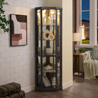 Lighted Corner Curio Cabinet - Elegant Glass Display Case for Living Room & Bar Storage - Perfect for Antique Collections & Wine - Includes Built-in Lighting - Black