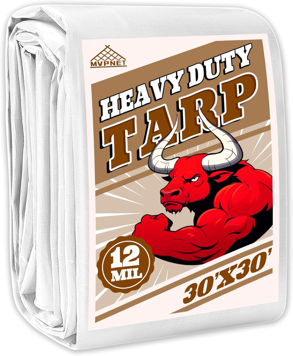 Tarp 30x30 ft Heavy Duty 12mil 100% Waterproof High Durability Multipurpose,Uv Resistant,White Tarp Suitable for Swimming Pools, Boats, Camping, Courtyards, Etc -by MVPNET