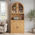 Farmhouse Pantry Cabinet w/Charging Station, Oak | Adjustable Shelves & Open Countertop, Cup Holder & 2 Drawers 75" Tall Arched Coffee Bar for Kitchen Dining Room Living Room