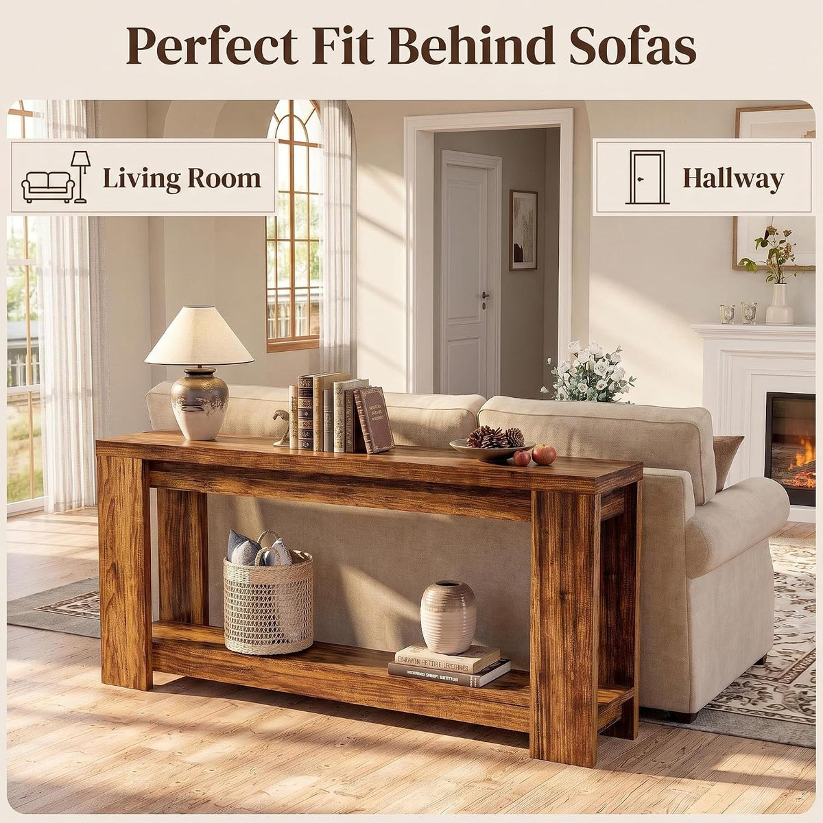 70.9" Rustic Farmhouse Console Sofa Table - Heavy Duty MDF Entryway Table with 2-Tier Storage, Narrow Long Table for Behind Couch, Brown