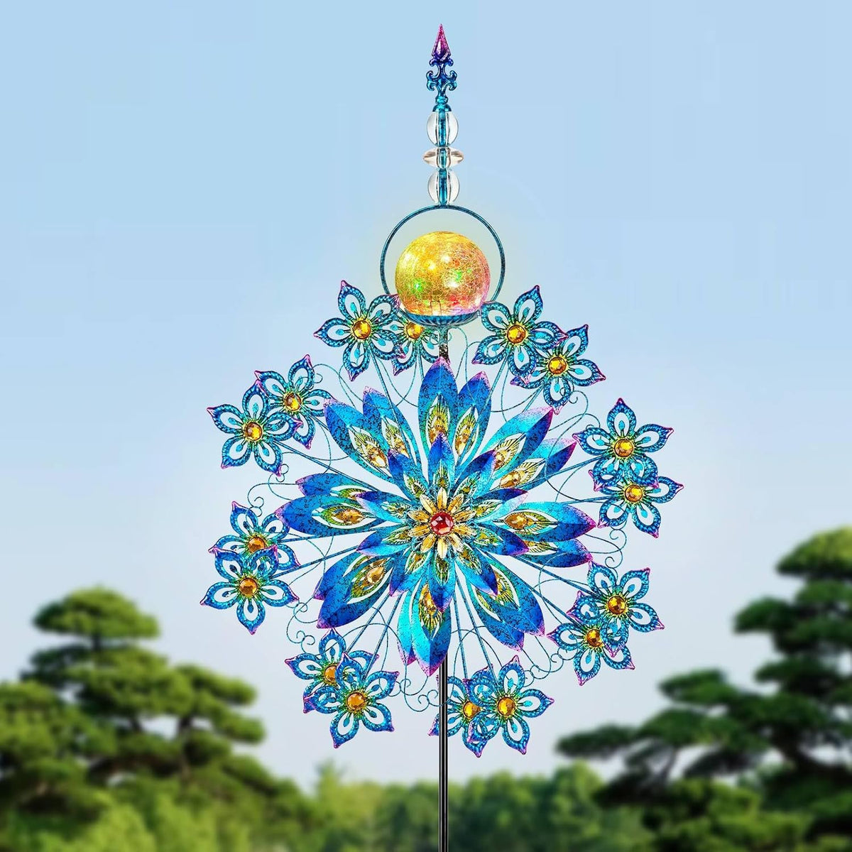 Kircust Large Solar Wind Spinner with Glass Ball - Peacock Themed Kinetic Garden Art, Dual Spinning Metal Decor for Outdoor Yard, Lawn, or Patio in Elegant Peacock Blue