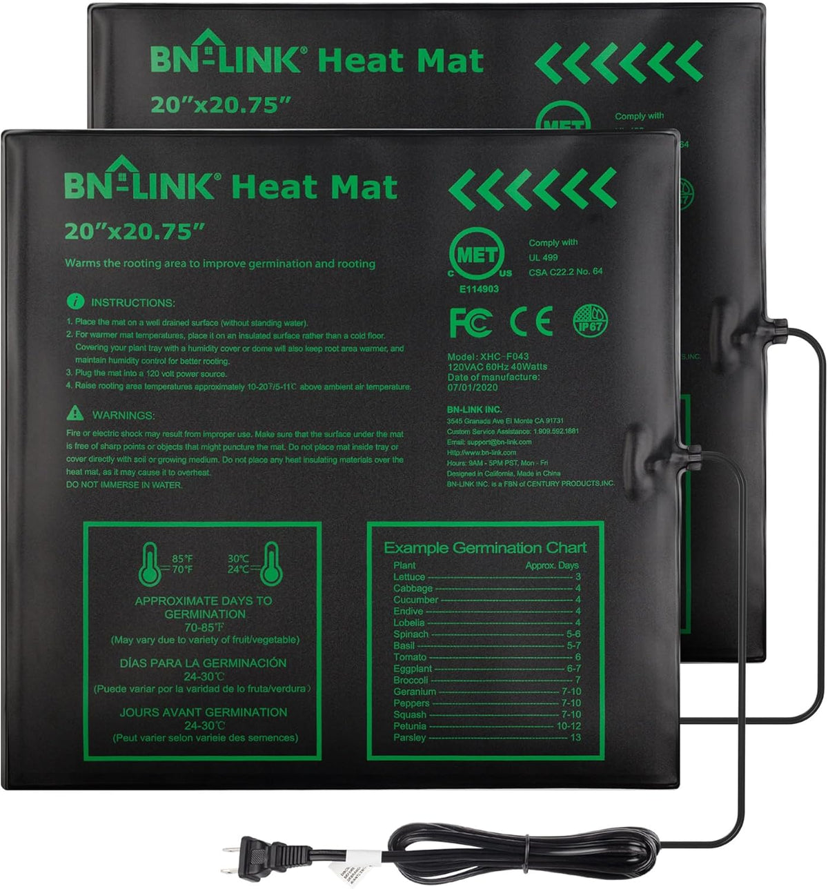 BN-LINK Seedling Heat Mat Warm Hydroponic Heating Pad Waterproof 20" x 20.75" for Seed Starting Greenhouse and Germination, 2 Pack