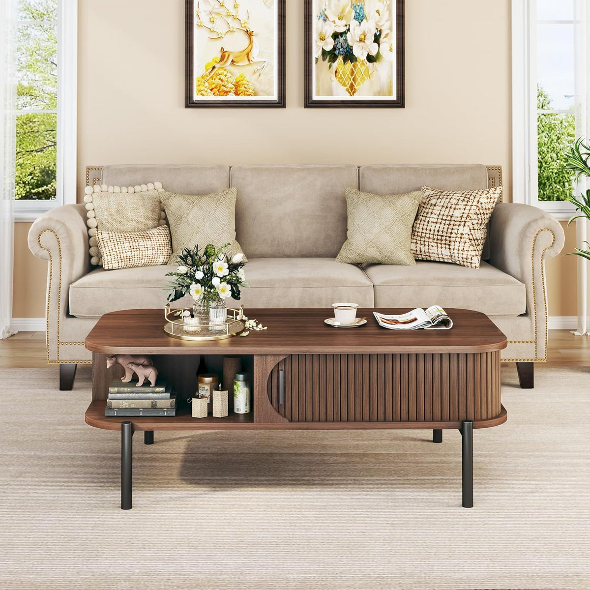 Coffee Table, 39.4" Mid Century Modern Coffee Tables for Living Room, Coffee Table with Storage Open Shelf, Fluted Table with Sliding Cabinet Door, 2-Tier Rustic Wood Desktop, Walnut