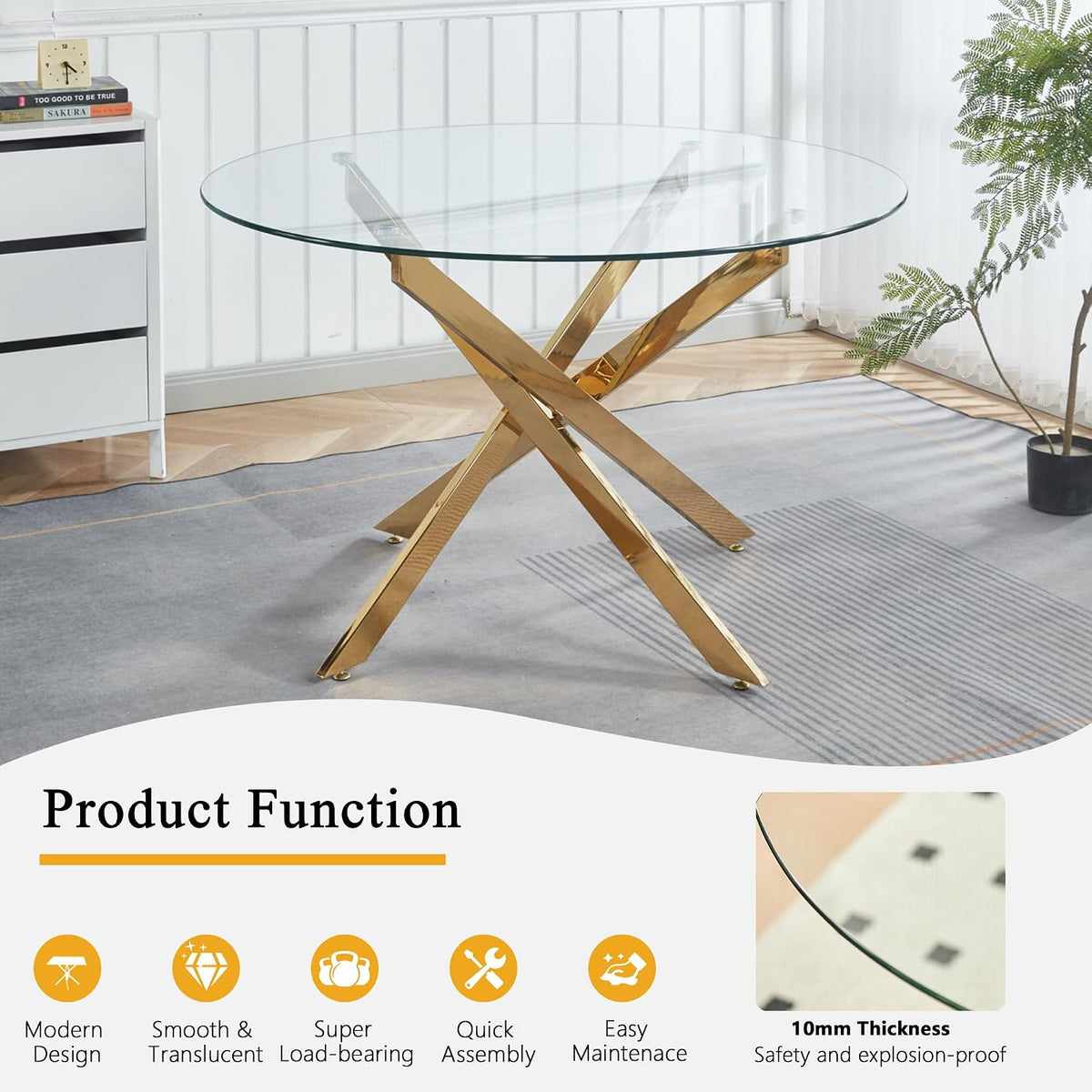 Round Glass Dining Table Set for 4, Small Kitchen Table Set for 4, 47" Circle Gold Glass Table and Chairs Set of 4,5 Piece Round Dining Room Table Set w/Black Velvet Chairs for Breakfast Dinette Cafe