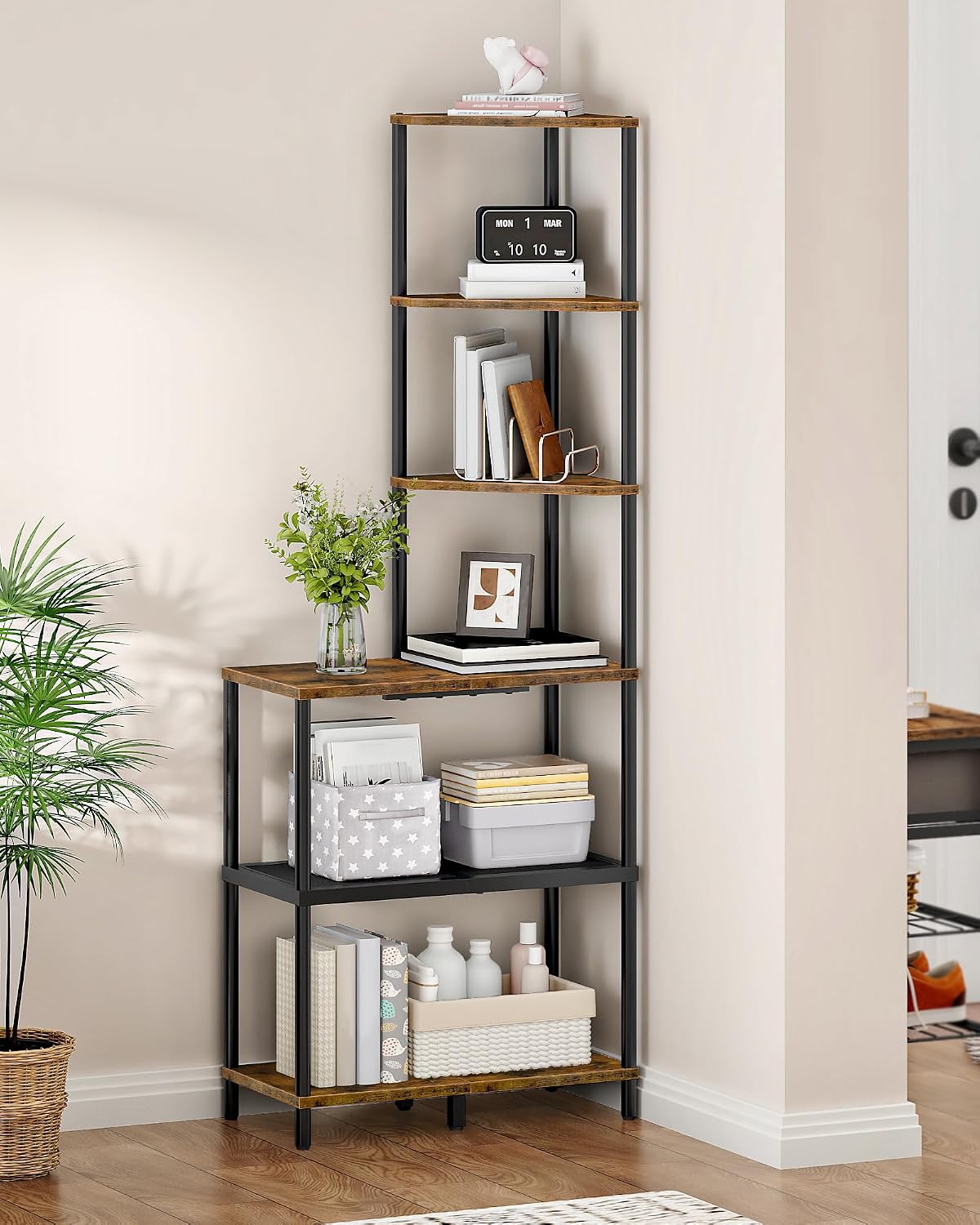 CHOEZON 6-Tier Corner Shelf, Industrial Corner Bookshelf with Desk Top, Diamond-Shaped Storage Shelves, Display Stand for Small Spaces, Living Room, Home Office, Foyer, Rustic Brown and Black TCJ70BF