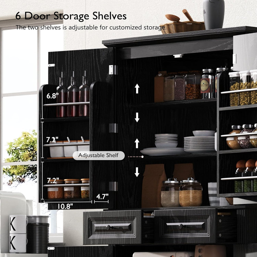 71" Tall Kitchen Pantry Cabinet with 3 Pull Out Organizers, Black Storage Cupboard with 6 Door Shelves, 2 Drawers, Freestanding Pantry for Kitchen Dining Room (Black)