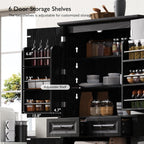 Tall Kitchen Pantry with 3 Pull Out Storage Organizers,Farmhouse Embossed Texture Storage Pantry with 6 Door Shelves,Freestanding Cupboard for Kitchen,Dining Room (Black-PC)