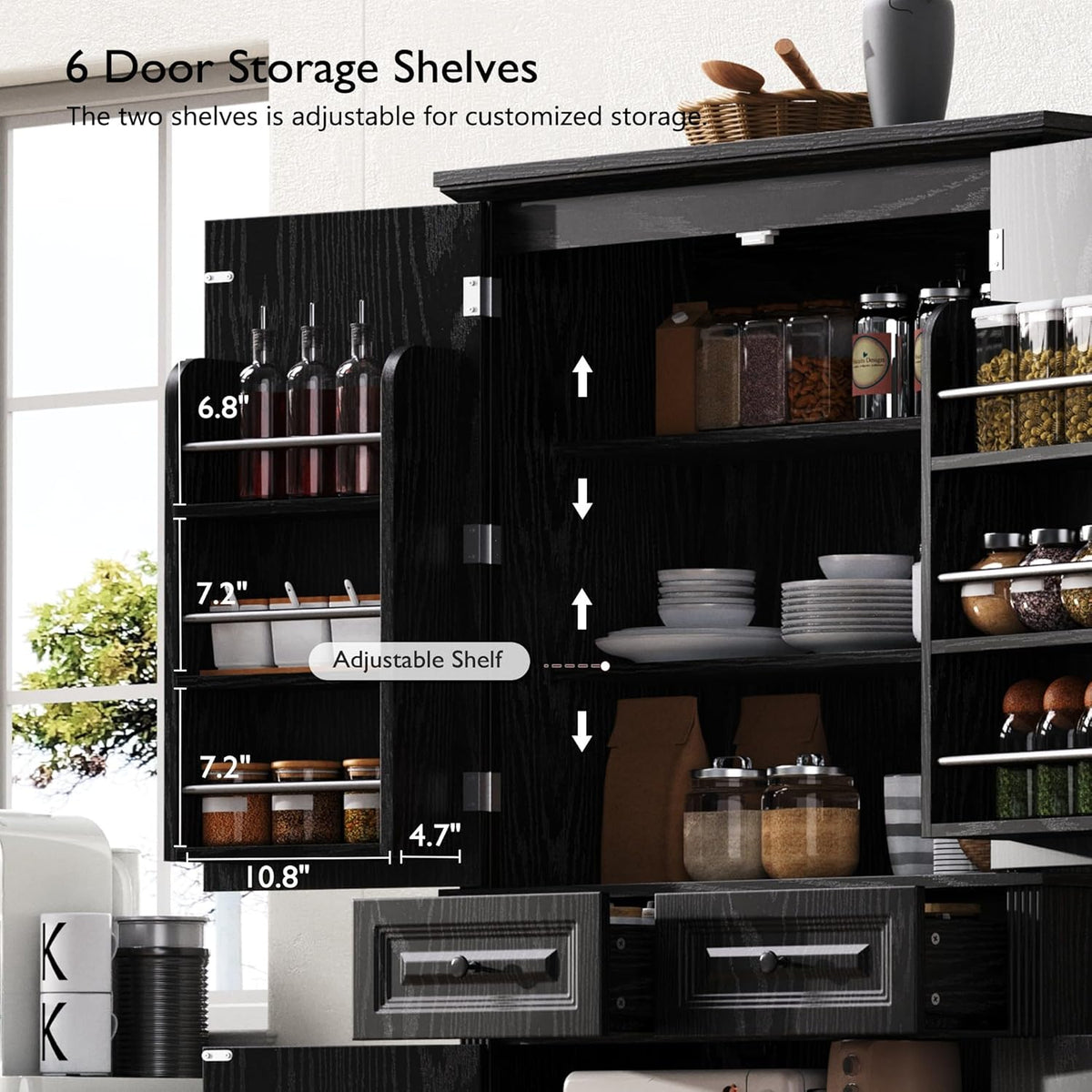Tall Kitchen Pantry with 3 Pull Out Storage Organizers,Farmhouse Embossed Texture Storage Pantry with 6 Door Shelves,Freestanding Cupboard for Kitchen,Dining Room (Black-PC)