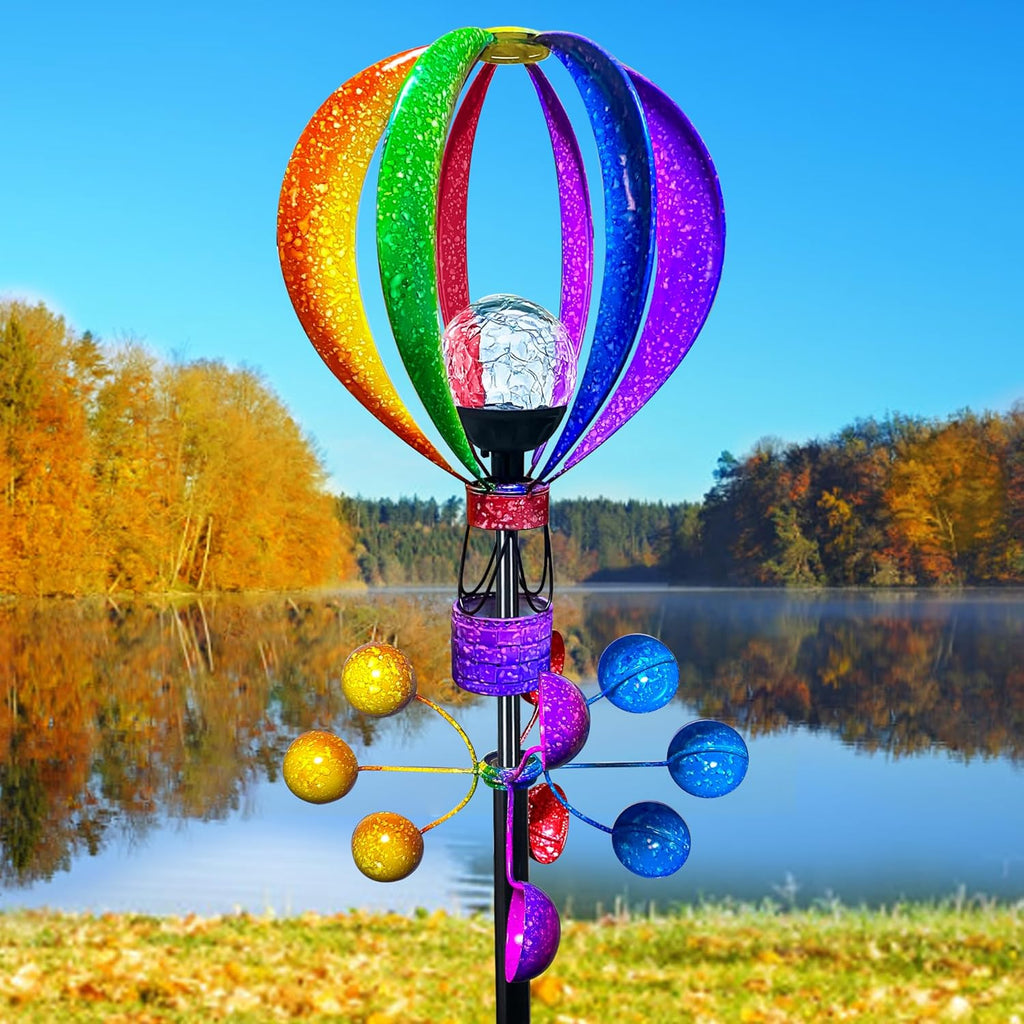 Solar Wind Spinner Outdoor - Hot Air Balloon Wind Spinners, Metal Garden Decor with LED Lights, 360° Rotating Waterproof Yard Decorations, Solar Powered for Day & Night, Lawn & Patio Windmill
