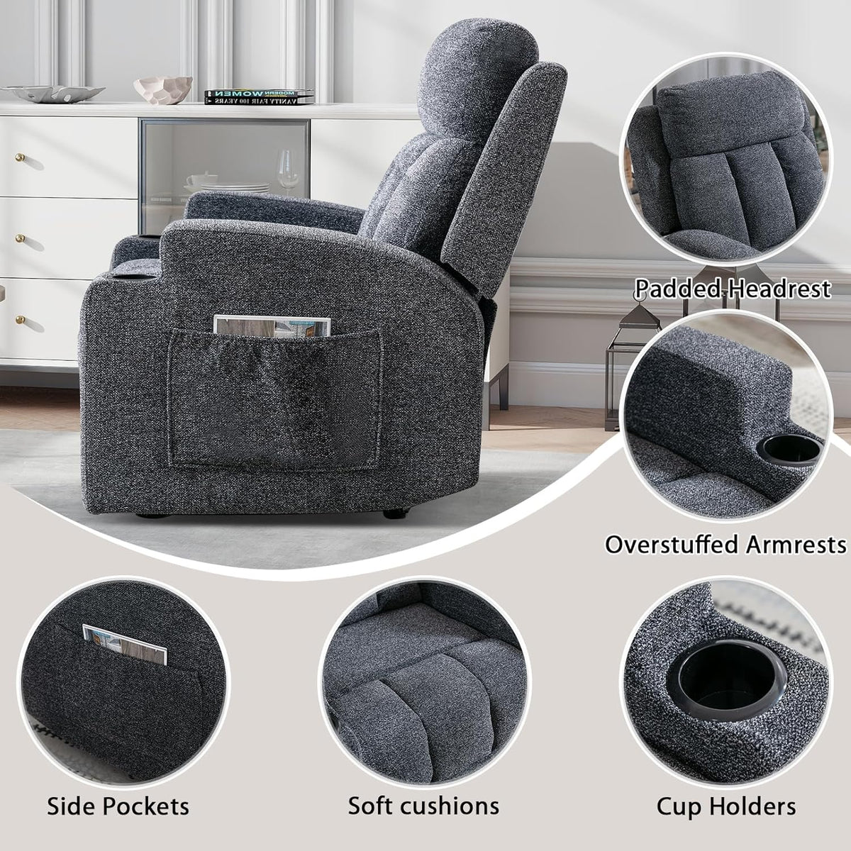 CANMOV Manual Recliner Chair with Massage and Heat, Soft Fabric Recliner Chair with Overstuffed Arm and Back, Manual Reclining Single Sofa with 2 Cup Holders, Side Pocket for Living Room, Dark Grey
