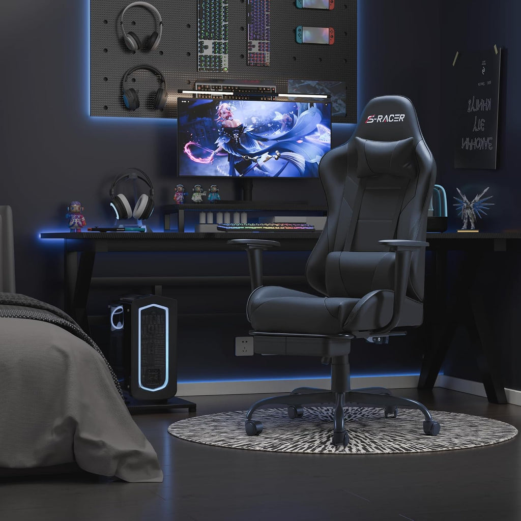 Homall Gaming Chairs, Computer Chair with Footrest and Massage Lumbar Support, Height Adjustable Game Chair with Headrest and Swivel Seat (Black)