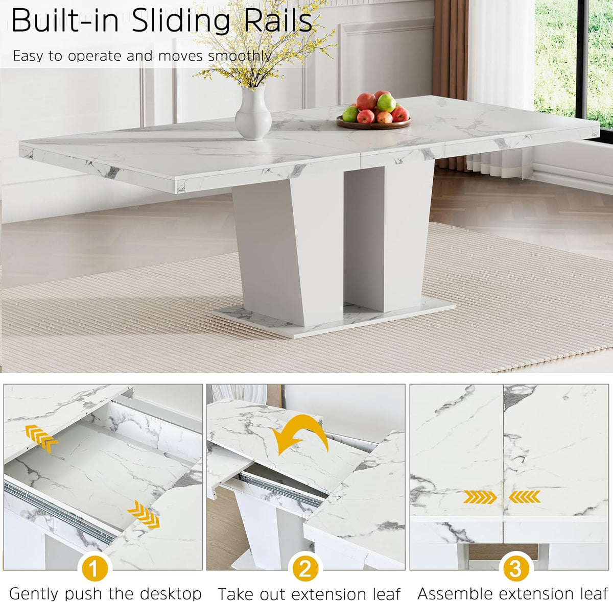 78.74" Extendable Dining Table for 6 8 10 Person, Modern White Faux Marble Expandable Kitchen Table with Dual Column Pedestal, Large Rectangle Wooden Expanding Table for Kitchen Dining Conference Room