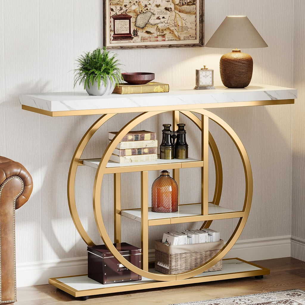 Tribesigns 41.3" Console Table, Industrial 4-Tier Sofa Entryway Table with Circle Base, Narrow Wood Accent Tables with Storage Shelves for Living Room, Hallway, Foyer, White Gold