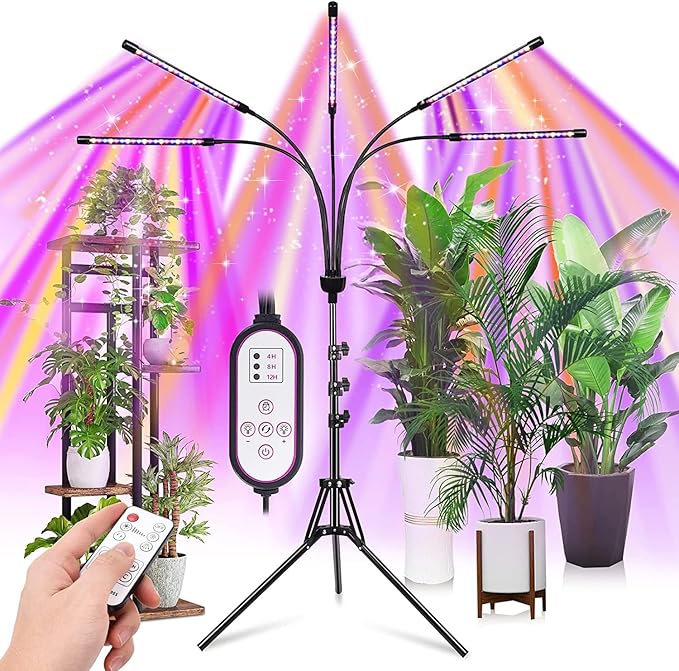Grow Lights for Indoor Plants,5 Heads Red Blue White Full Spectrum Plant Light with 15-60" Adjustable Tripod Stand, Indoor Grow Lamp with Remote Control and Auto On/Off Timer Function