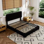 Queen Size Boucle Bed Frame, Upholstered Cloud Platform Bed Frame with Adjustable Headboard, Vertical Tufted, Soft Rounded Corners, No Box Spring Needed, Noise Free Design, Easy Assembly, Black