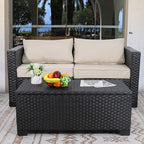 Rattaner Patio Coffee Table with Storage Wicker Outdoor Coffee Table and All-Weather Wicker Side Table with Waterproof Cover, Black