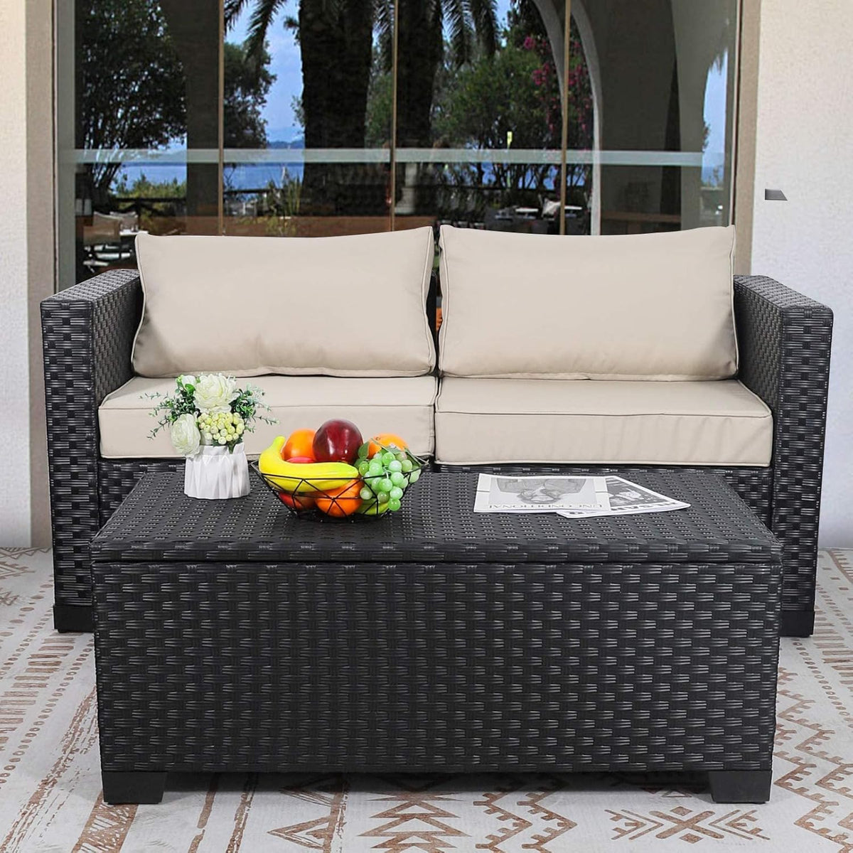 Rattaner Patio Coffee Table with Storage Wicker Outdoor Coffee Table and All-Weather Wicker Side Table with Waterproof Cover, Black