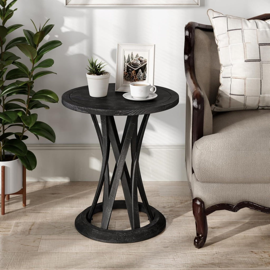COZAYH Round Farmhouse End Table with Crisscross Pedestal Base, Distressed Finish Side Table Rustic Accent Table for Living Room, Pine Wood, Black