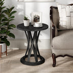 COZAYH Round Farmhouse End Table with Crisscross Pedestal Base, Distressed Finish Side Table Rustic Accent Table for Living Room, Pine Wood, Black