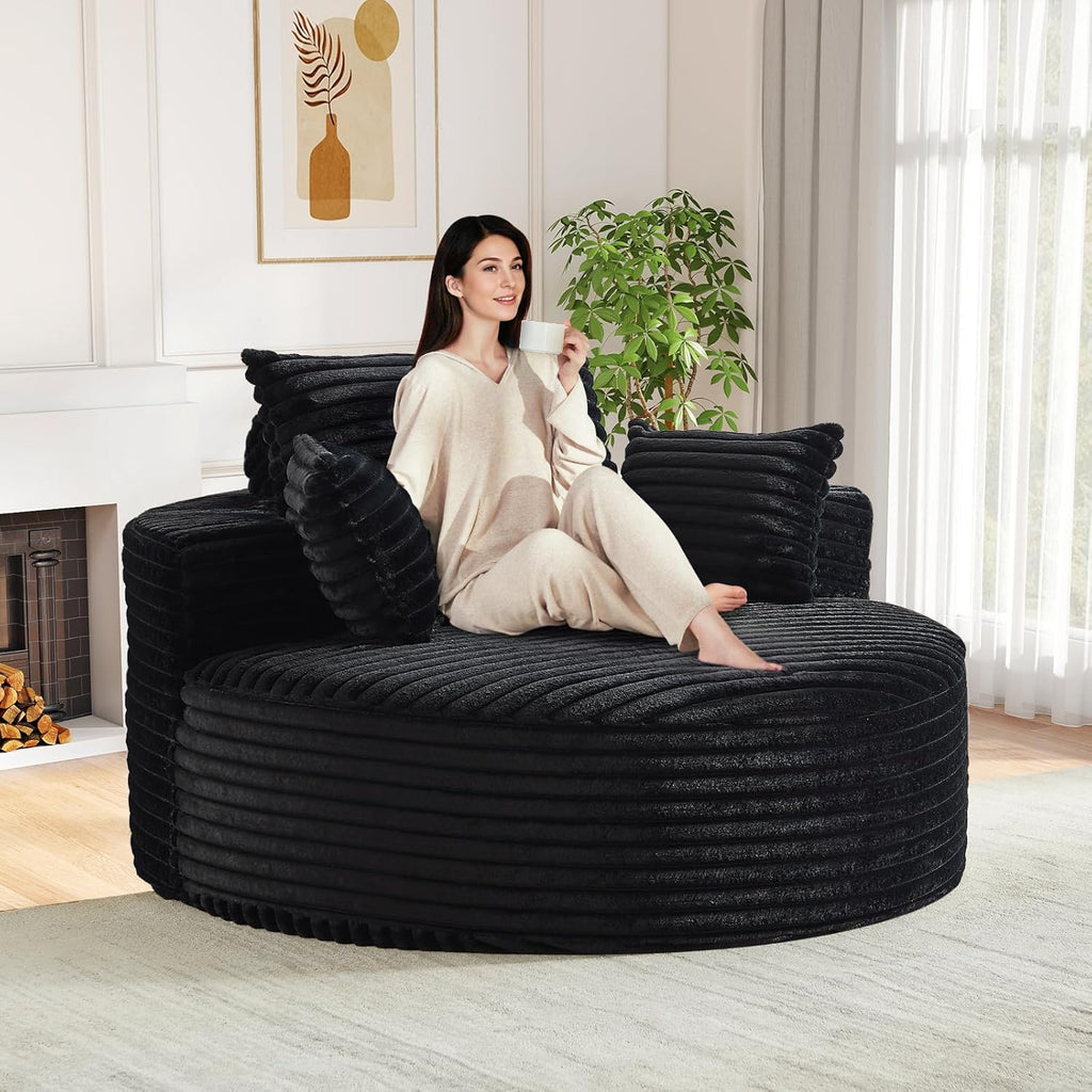 Oversized Round Chaise Longue Chair Indoor, Modern 55-inch Upholstered Corduroy Deep Seat Circle Single Cloud Lounge Floor Sofa Chair for Living Room, Bedroom Apartment, Black