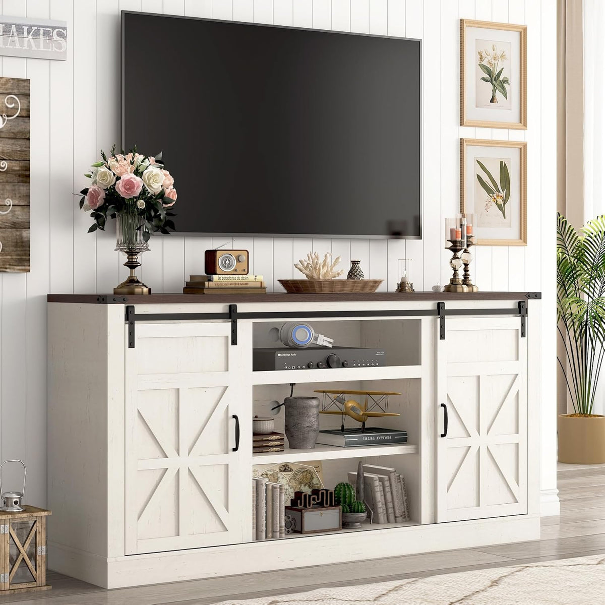 Hlivelood 66" Farmhouse TV Stand for 75 Inch TV, 33" Tall Entertainment Center with Power Outlets & Sliding Barn Door, Wood TV Stand with Storage, TV Media Console for Living Room, Antique White