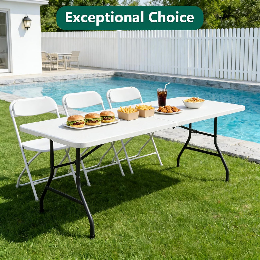 6FT Folding Table 4 Pack,Heavy Duty Plastic Foldable Tables with Carry Handles,Fold-in-Half Portable Utility Tables with Steel Legs for Party,Wedding,Banquet, Camping,Picnic,Event,Indoor Outdoor,White