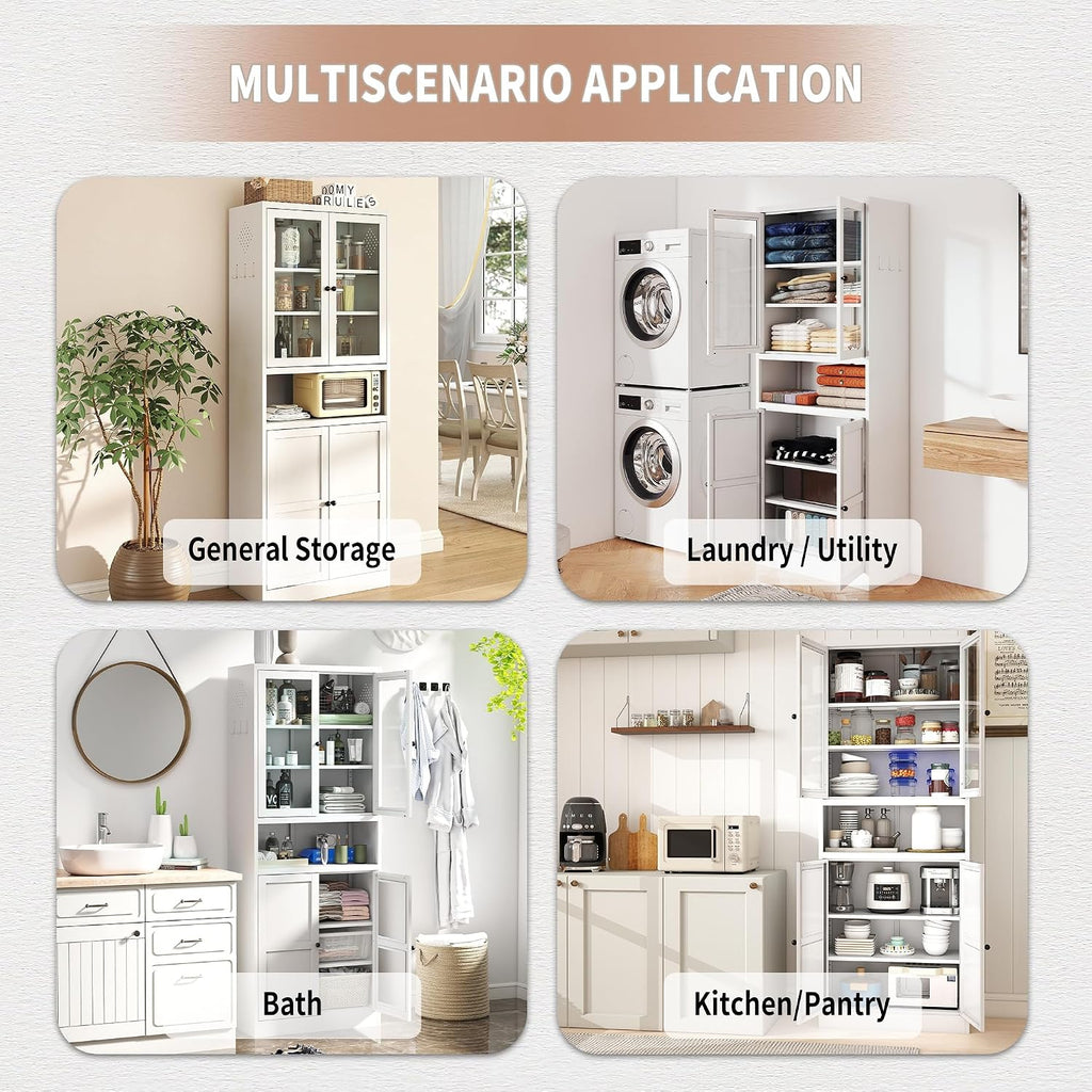 72" White Metal Kitchen Pantry Cabinet with Adjustable Shelves - Heavy Duty Stainless Steel Freestanding Storage for Kitchen, Pantry & Bathroom