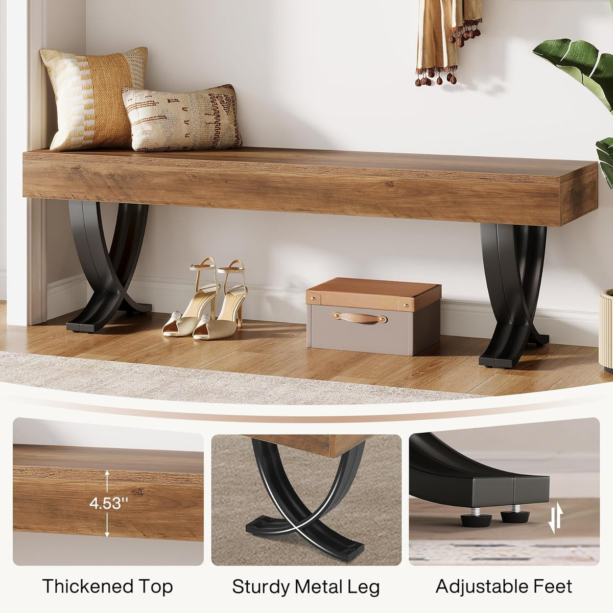 Tribesigns Entryway Shoe Bench, 55-Inch Wooden Shoe Bench with Metal X-Shaped Legs, Industrial Long End of Bed Stool with Seating for Bedroom, Living Room, Hallway, Porch