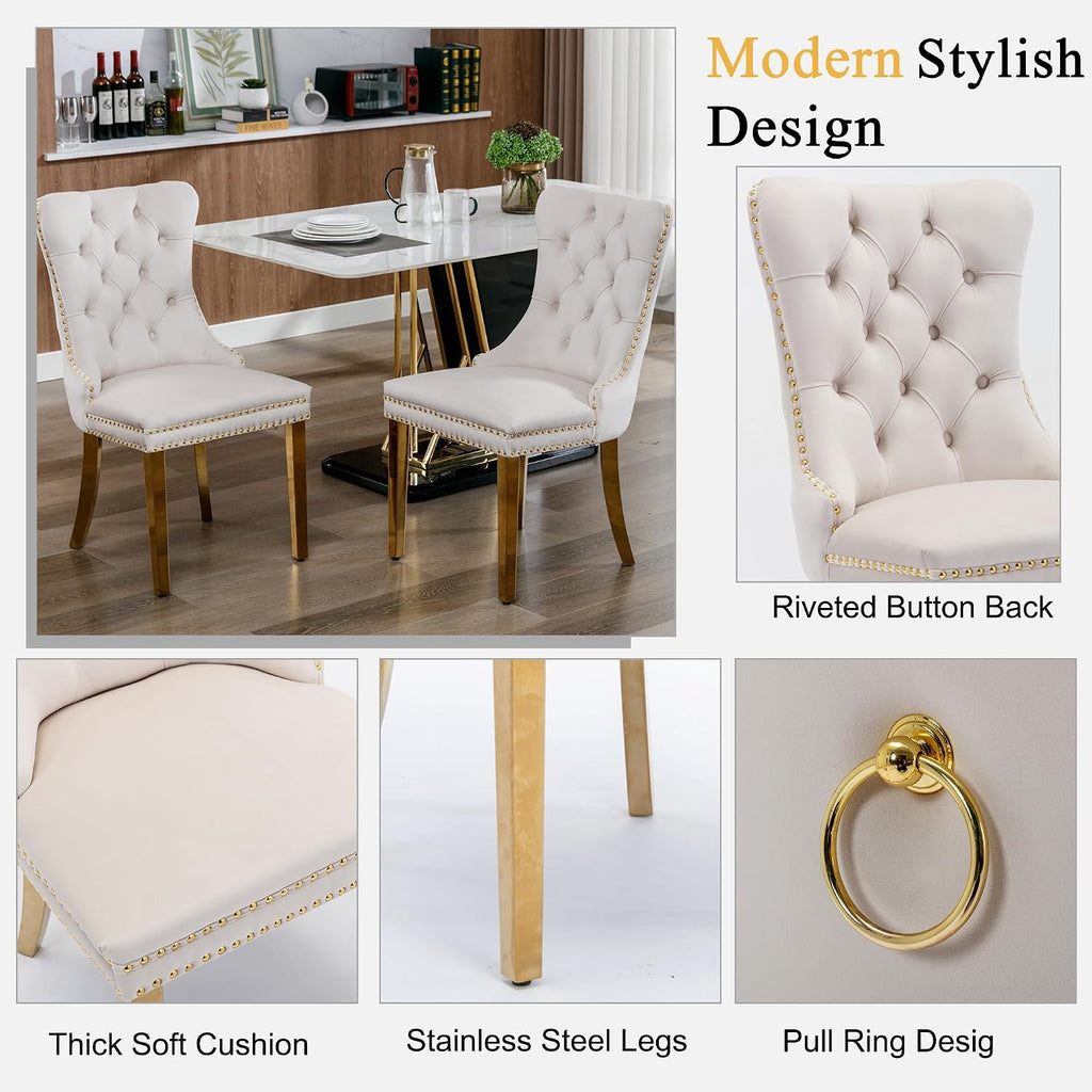 Round Glass Dining Table Set for 4, Small Kitchen Table Set for 4, 47" Circle Gold Glass Dinner Table for 4 with Beige Velvet Chairs, 5 Piece Dining Room Table Set for 4 for Breakfast Dinette Cafe
