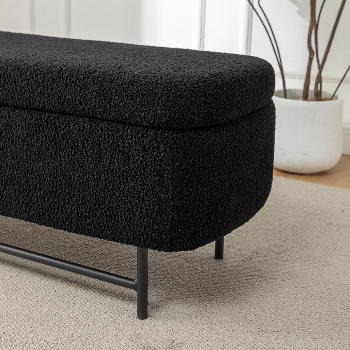56" Boucle Storage Bench for Bedroom, Upholstered Teddy Ottoman Bench, Modern Extra Long Storage Bench for End of Bed/Entryway/Livingroom/Window (Black)
