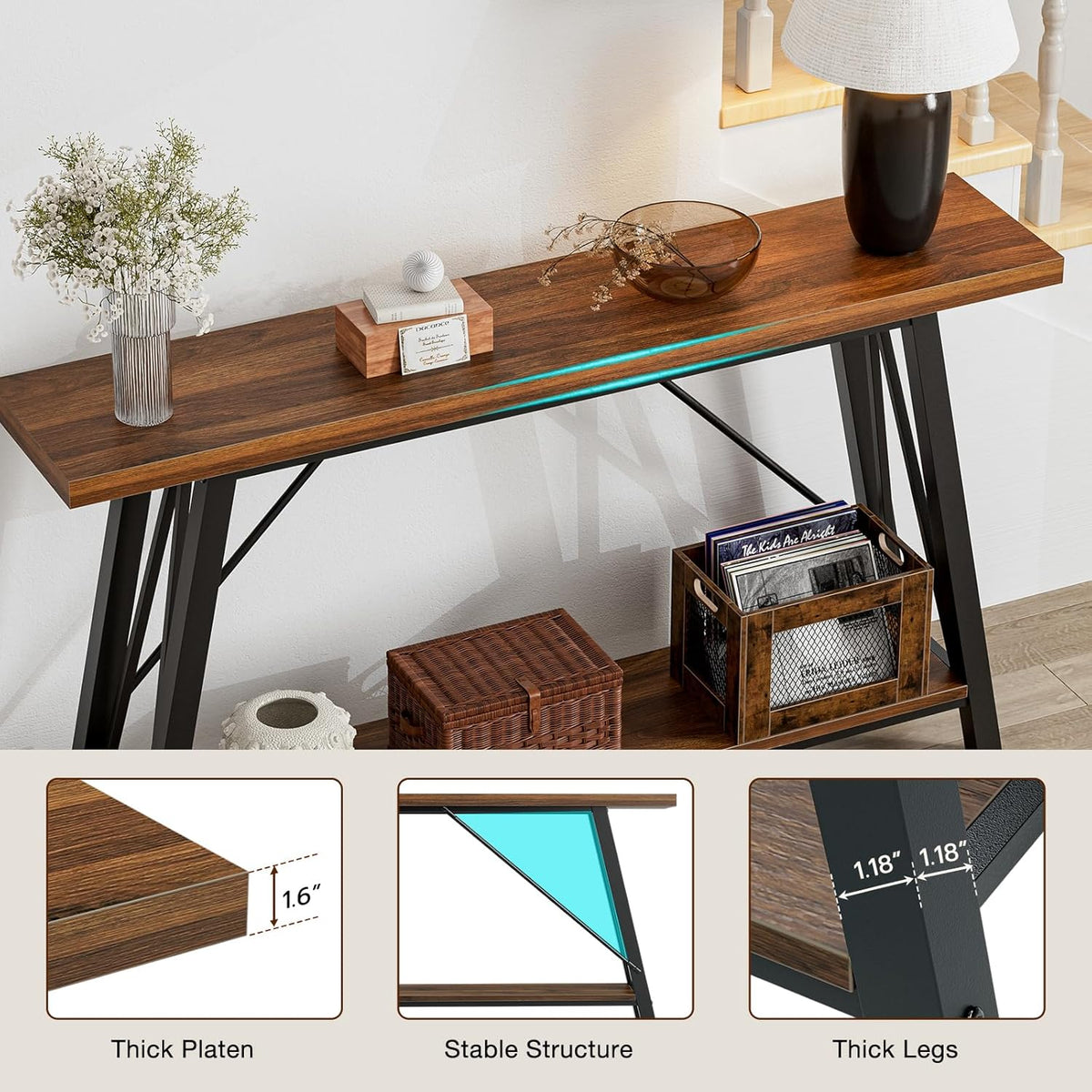 GAZHOME Console Table with Storage Shelf - Industrial Style Sofa Table Behind Couch for Living Room & Entryway, Rustic Brown,53.1 Inch